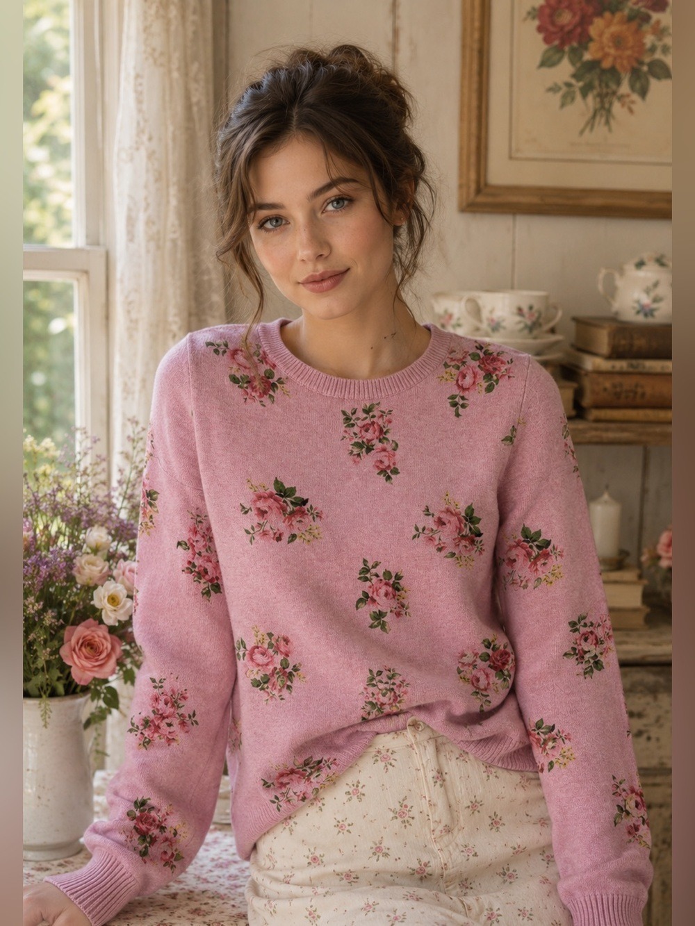 Mettle pink cotton floral crew neck sweater Small Cottagecore Romantic